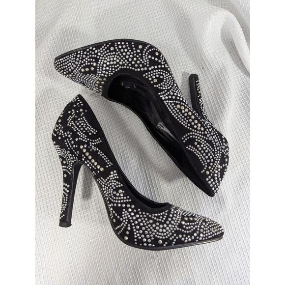 SHIEKH! GORGEOUS BLACK VEGAN SUEDE RHINESTONE PATTERNED PUMPS, HEELS! SZ 6.5 - Picture 5 of 8